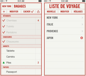 Travel List application iPhone voyager