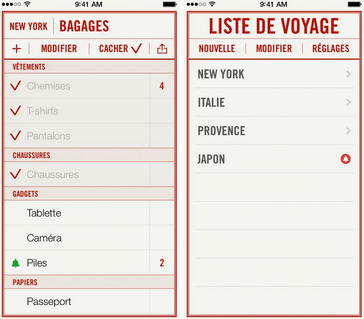 Travel List application iPhone voyager