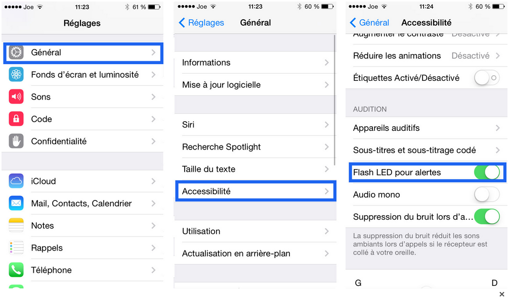 iphone ios flash alerte lumineuse